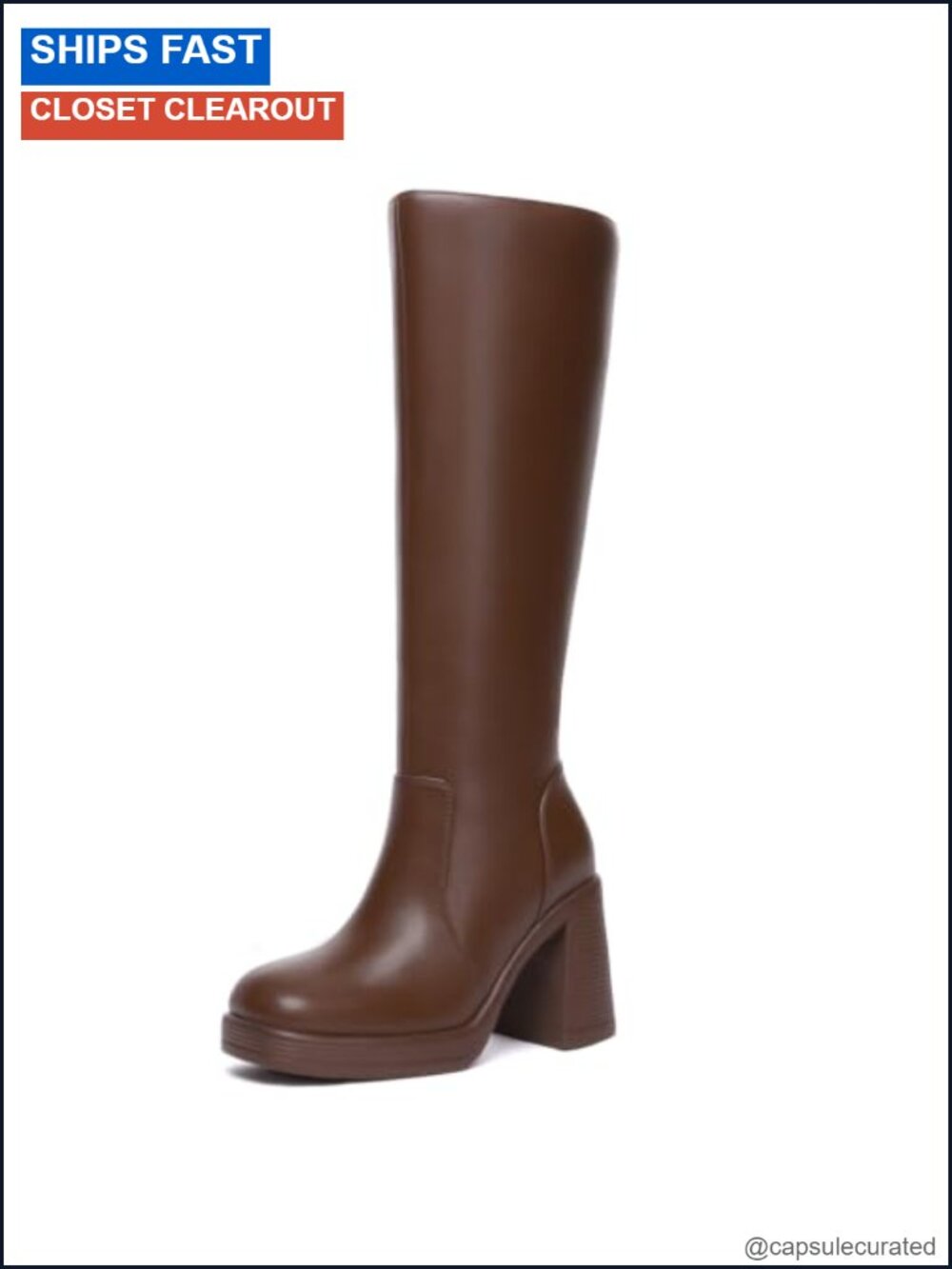 Knee High Wide Calf Platform Boots Side Zipper Chunky Heel